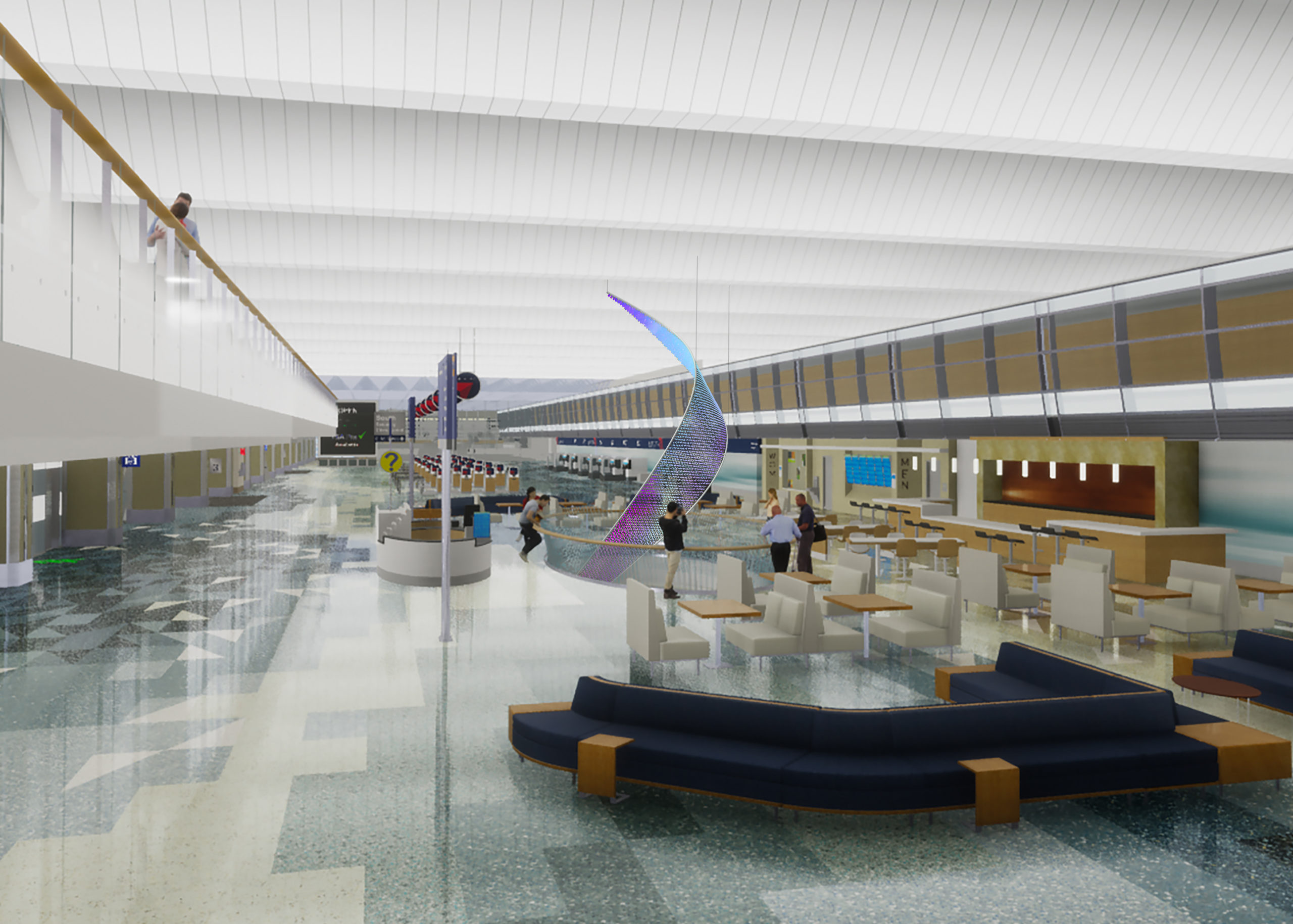 The Aurora (2021) by Jen Lewin is an experiential, 29-foot-tall glass and metal sculpture suspended through an oval opening between the ticketing and baggage claim levels in Terminal 1 of Minneapolis–Saint Paul International Airport. The twisting wave is composed of over 20,000 aluminum rings, holds approximately 1,900 hand-blown glass bulbs with embedded LEDs, and is programmed to change color in real time based on weather conditions in Minneapolis (e.g. cool blues and whites for colder weather, greens and yellows in spring, warmer tones in fall). Beneath the sculpture, an array of eight touch-responsive glass “lake” platforms—shaped like area lakes—translate footsteps or gestures into swirling light and color beneath one’s feet, creating a dialogue between the sculpture above and interactive ground surfaces below. The work marries art, environment, and human interaction, drawing inspiration from the natural aurora phenomena while anchoring the airport space with joy, movement, and connection.